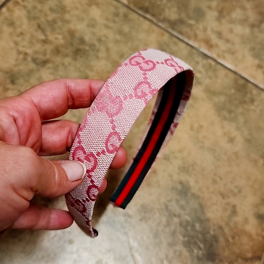 Gucci Pink Monogram Headband with Red and Green Stripe